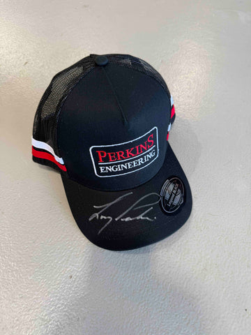 Perkins Engineering Red and White Striped Trucker Cap Signed by Larry Perkins